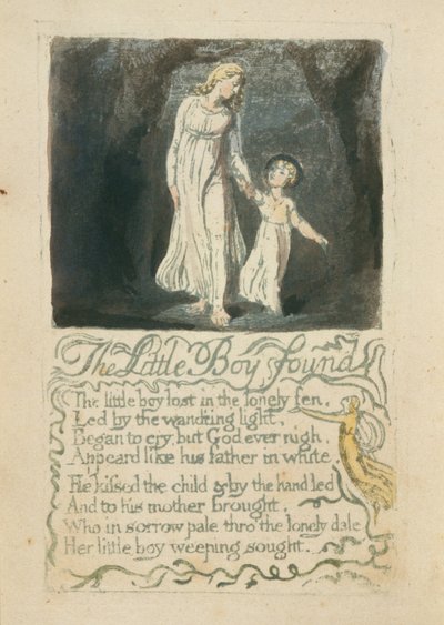 A megtalált kisfiú, 16. tábla az ártatlanság dalaiból, 1789 (kézzel festett domborműves akvarellel) alkotó: William Blake